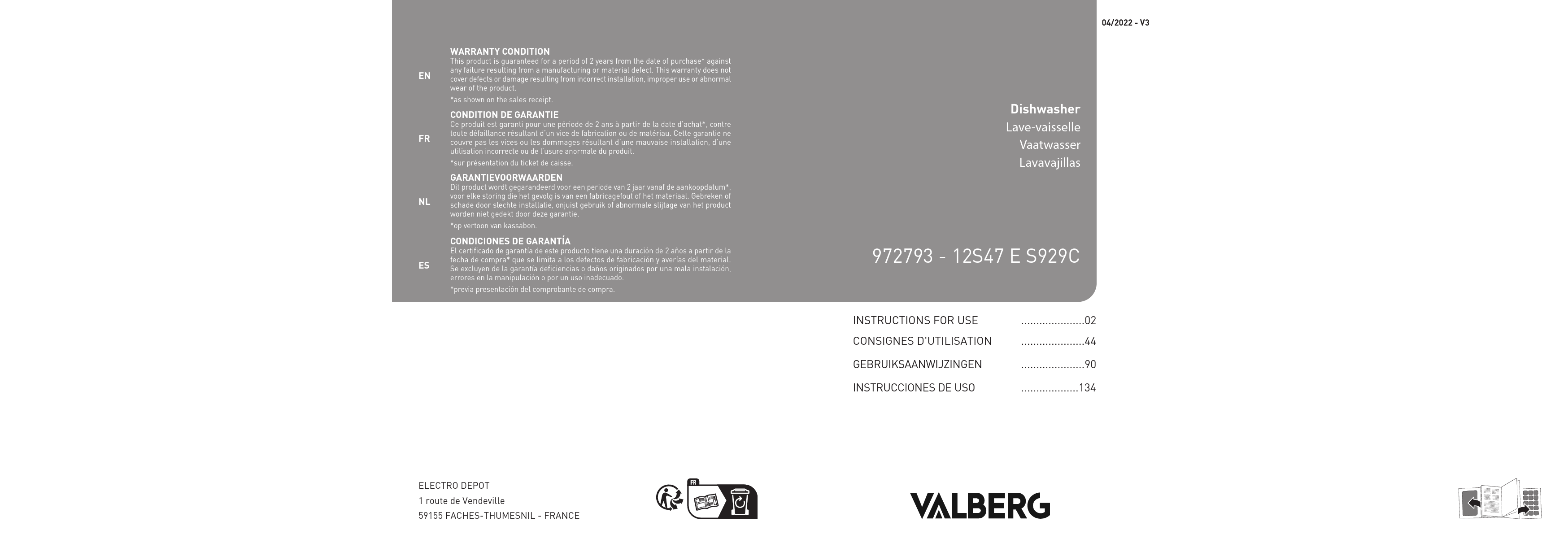 Notice lavevaisselle VALBERG 12S47 E S929C Trouver une solution à un problème VALBERG 12S47 E